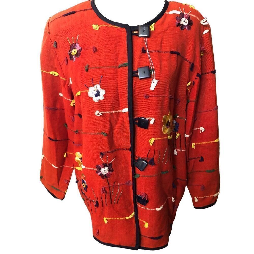 Allure cotton woven art to wear embroidered floral button front shacket size 14/